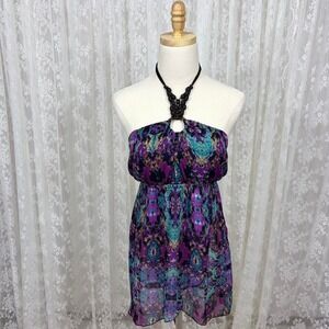 Y2K‎ No Boundaries Babydoll Halter Tank Top Large Purple Beaded Boho Festival